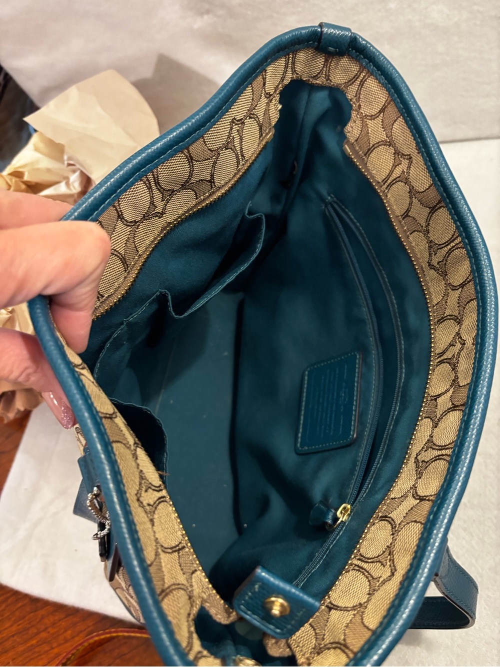 Coach Signature Canvas Tote with Teal Leather Trim - Picture 5 of 8